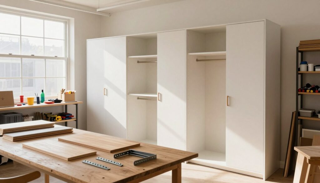 A modern, budget-friendly wardrobe construction featuring ready-made modules and cabinetry, set in a bright, well-lit workshop. In the foreground, a neatly organized workspace shows various materials like wood panels and metal brackets. The middle ground displays a partially assembled wardrobe, showcasing clean lines and practical design, with smooth surfaces and minimalist handles. The background reveals shelves stacked with tools and supplies, while natural light streams in from a large window, creating a warm and inviting atmosphere. The image should convey a sense of creativity and resourcefulness, emphasizing the simplicity and affordability of the construction process. Use a wide-angle perspective to capture the entire scene, ensuring clarity and detail throughout.