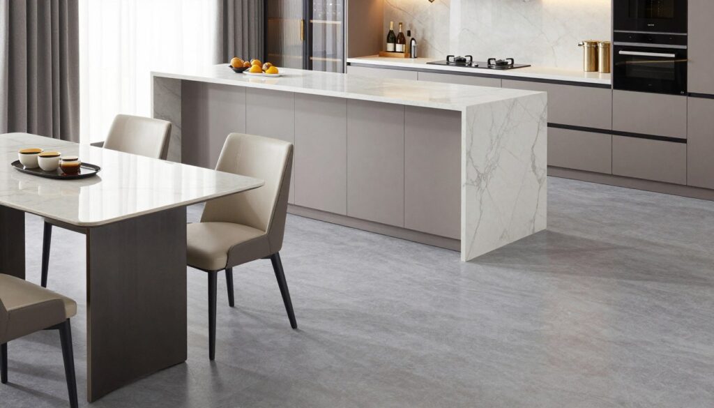 A modern kitchen interior featuring a gray floor with various furniture pieces highlighted for their durability and ease of maintenance. In the foreground, there's a sleek, moisture-resistant dining table paired with matching chairs, showcasing a sophisticated design. The middle section showcases a stylish kitchen island with storage, emphasizing clean lines and practical materials. In the background, soft lighting illuminates cabinetry with decorative elements that exemplify color harmony with the gray flooring. The atmosphere is bright and inviting, promoting a sense of cleanliness and functionality. The angle captures the kitchen in a wide view, emphasizing the relationship between the furniture and the floor, ensuring no clutter or distractions interrupt the focus on durability and design elements suitable for a kitchen environment. A modern kitchen interior featuring a gray floor with various furniture pieces highlighted for their durability and ease of maintenance. In the foreground, there's a sleek, moisture-resistant dining table paired with matching chairs, showcasing a sophisticated design. The middle section showcases a stylish kitchen island with storage, emphasizing clean lines and practical materials. In the background, soft lighting illuminates cabinetry with decorative elements that exemplify color harmony with the gray flooring. The atmosphere is bright and inviting, promoting a sense of cleanliness and functionality. The angle captures the kitchen in a wide view, emphasizing the relationship between the furniture and the floor, ensuring no clutter or distractions interrupt the focus on durability and design elements suitable for a kitchen environment.