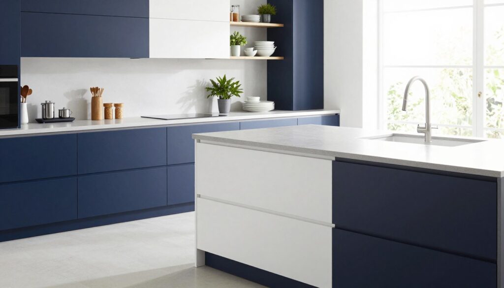 A modern kitchen interior featuring a stylish combination of two contrasting cabinetry colors, such as deep navy blue and pristine white, creating a sophisticated and clean look. The foreground showcases sleek kitchen drawers and upper cabinets, with minimalist handles. In the middle ground, a contemporary kitchen island provides additional workspace, topped with a subtle gray countertop. The background includes tasteful open shelving displaying well-organized kitchenware and plants for a touch of greenery. Bright, natural light streams in from a large window, enhancing the airy atmosphere and reflecting off the surfaces. Capture the scene from a slightly elevated angle, emphasizing the color contrasts and ensuring the overall mood is inviting and elegant.