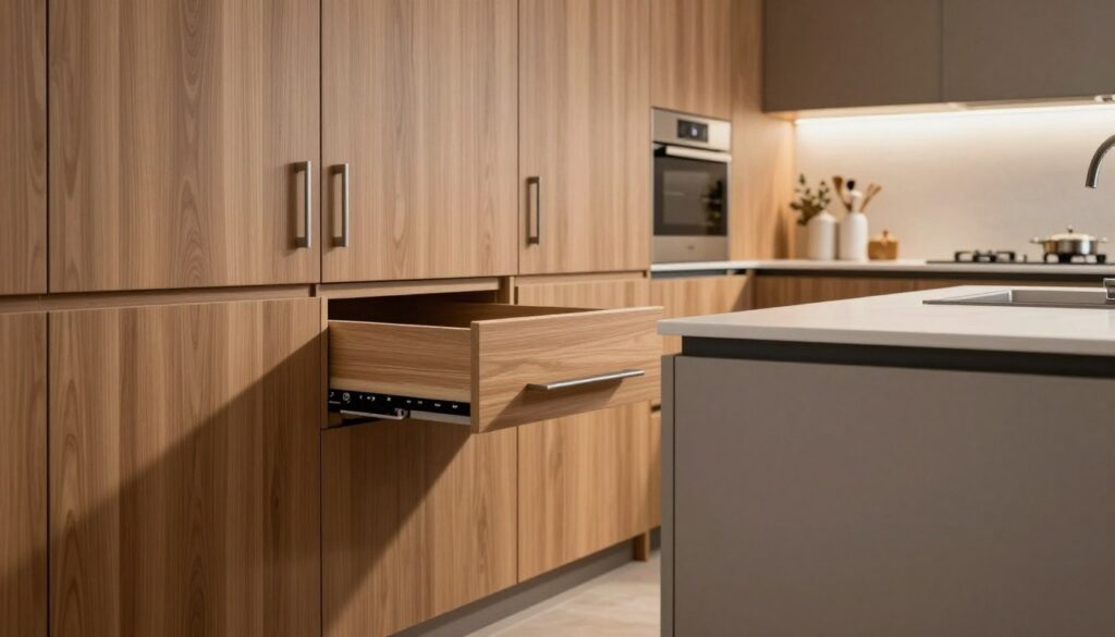 A modern kitchen interior featuring a stylish handleless design, showcasing various cabinet fronts with integrated push-to-open mechanisms. In the foreground, focus on a sleek, minimalist kitchen island with high-quality finish, highlighting hidden handles through precise milling techniques. The cabinets, in warm wood tones and smooth lacquered surfaces, blend seamlessly into the walls. Soft, ambient lighting casts gentle shadows, enhancing the clarity of the materials. In the middle ground, include a subtle view of custom drawers that open effortlessly with a light touch. The background features a well-organized kitchen space, with modern appliances and elegant decor, conveying a tranquil and sophisticated atmosphere that embodies convenience and contemporary design. A modern kitchen interior featuring a stylish handleless design, showcasing various cabinet fronts with integrated push-to-open mechanisms. In the foreground, focus on a sleek, minimalist kitchen island with high-quality finish, highlighting hidden handles through precise milling techniques. The cabinets, in warm wood tones and smooth lacquered surfaces, blend seamlessly into the walls. Soft, ambient lighting casts gentle shadows, enhancing the clarity of the materials. In the middle ground, include a subtle view of custom drawers that open effortlessly with a light touch. The background features a well-organized kitchen space, with modern appliances and elegant decor, conveying a tranquil and sophisticated atmosphere that embodies convenience and contemporary design.