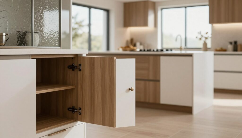 A modern kitchen interior featuring elegantly designed cabinet fronts in various materials and finishes, such as matte wood, high-gloss white, and textured glass. In the foreground, showcase an open cabinet with soft-close hinges, highlighting clean lines and seamless integration of hardware like sleek handles and intricate knobs. In the middle ground, a stylish kitchen island with contrasting front designs, emphasizing the functional beauty of the cabinetry and its role in daily use. The background reveals a well-lit, airy kitchen with large windows allowing natural light to flood in, creating a warm and inviting atmosphere. Use a shallow depth of field to focus on the details of the cabinet fronts, with soft shadows enhancing the three-dimensional effect. The overall mood is contemporary and sophisticated, suitable for a kitchen design article.