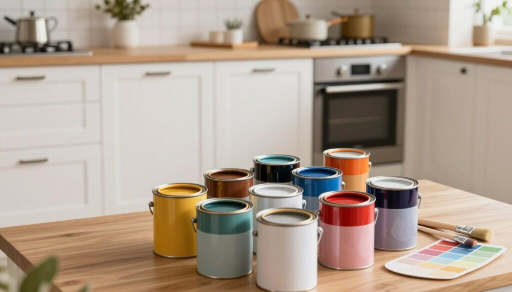 A modern kitchen scene featuring a variety of paint cans specifically designed for kitchen furniture. In the foreground, display open paint cans with vibrant, glossy colors, showcasing a range of finishes like satin and semi-gloss. Include paint brushes and a color palette to emphasize the preparation process. In the middle ground, depict a beautifully renovated kitchen with freshly painted cabinet fronts that are durable and washable, highlighted under soft, natural lighting. The background should have a cozy kitchen atmosphere with warm wood tones and stylish decor, creating a welcoming vibe. Capture the image from a slightly elevated angle to provide a comprehensive view of the paint options and kitchen aesthetics, evoking a sense of inspiration and creativity in home improvement.