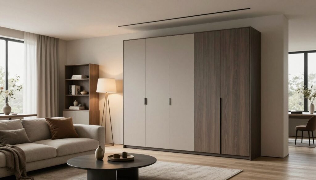 A modern living room is depicted, emphasizing a non-dominant wardrobe design that harmonizes with the interior. In the foreground, a sleek wardrobe with a minimalist aesthetic integrates seamlessly with a cozy sofa and stylish coffee table. The middle ground features soft, ambient lighting from floor lamps, creating a warm atmosphere. A bookshelf with curated decor items is visible, adding personality without overwhelming the space. In the background, large windows allow natural light to flood in, illuminating the overall design. The color palette is neutral, with earthy tones and textures, promoting a calm and inviting mood. The scene captures the essence of functionality and aesthetic balance, showcasing how a wardrobe can complement rather than overshadow the living room environment.