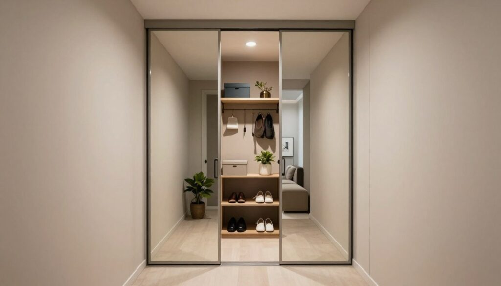 A modern narrow hallway featuring sleek sliding doors leading to a closet. The foreground showcases stylish, minimalist sliding doors with a mirrored finish, reflecting the ambient light. In the middle ground, neatly organized shelving can be seen through the open sliding doors, revealing a combination of shoes, storage boxes, and stylish accents for everyday use. The walls are painted in soft, neutral tones, enhancing the feeling of spaciousness. The background consists of subtle accents like potted plants and artwork that complement the contemporary design. Soft, diffused lighting creates a warm and inviting atmosphere, ideal for a well-designed entryway. Capture the scene with a wide-angle lens to emphasize the depth and functionality of the space. A modern narrow hallway featuring sleek sliding doors leading to a closet. The foreground showcases stylish, minimalist sliding doors with a mirrored finish, reflecting the ambient light. In the middle ground, neatly organized shelving can be seen through the open sliding doors, revealing a combination of shoes, storage boxes, and stylish accents for everyday use. The walls are painted in soft, neutral tones, enhancing the feeling of spaciousness. The background consists of subtle accents like potted plants and artwork that complement the contemporary design. Soft, diffused lighting creates a warm and inviting atmosphere, ideal for a well-designed entryway. Capture the scene with a wide-angle lens to emphasize the depth and functionality of the space.
