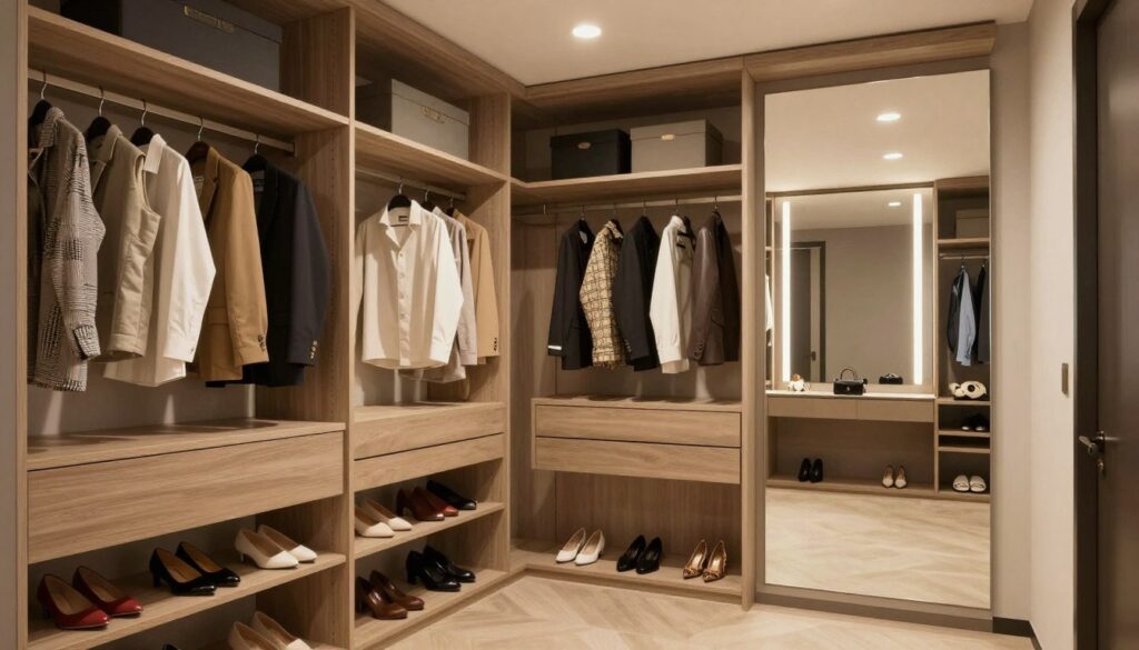 A modern, stylish interior design project showcasing a custom-built walk-in wardrobe. In the foreground, neatly arranged shelves of varying heights display an organized collection of clothing, shoes, and accessories. In the middle, focus on a clever division of zones within the wardrobe: a section for hanging garments, a space for folded items, and dedicated areas for shoes and accessories. The background features a sleek mirror and ambient lighting that enhances the luxurious feel of the space. Soft, warm light offers a cozy atmosphere, creating subtle reflections in the mirror. The overall mood should be inviting and practical, embodying the theme of self-sufficiency in home design. The angle chosen should provide a clear, immersive view of the interior layout, emphasizing the functional design and aesthetic appeal.