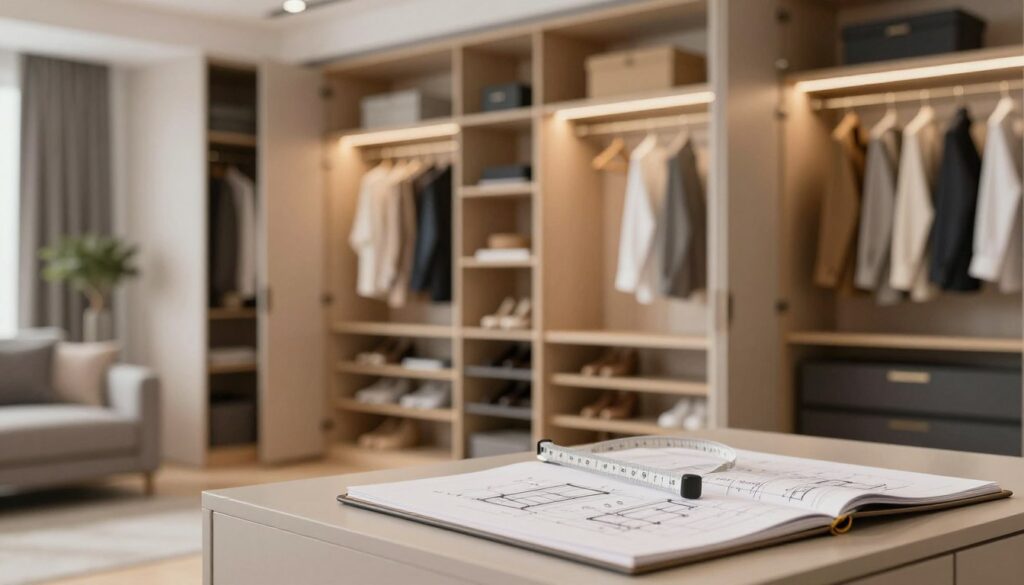 A modern wardrobe design depicted in a spacious, well-lit interior. In the foreground, an open wardrobe with neatly arranged shelves and hanging space, showcasing different compartments for clothes, shoes, and accessories. The wardrobe's depth is highlighted to emphasize ergonomic layout, focusing on functionality and accessibility. In the middle ground, a measuring tape and a notepad with design sketches lay on a sleek dresser, illustrating planning considerations. The background features soft, ambient lighting that enhances the room's spacious feel, with a stylish room decor that complements the wardrobe. Use a soft focus lens effect to create a warm, inviting atmosphere that conveys a sense of organization and practicality. No people in the image, just the wardrobe and its surroundings.