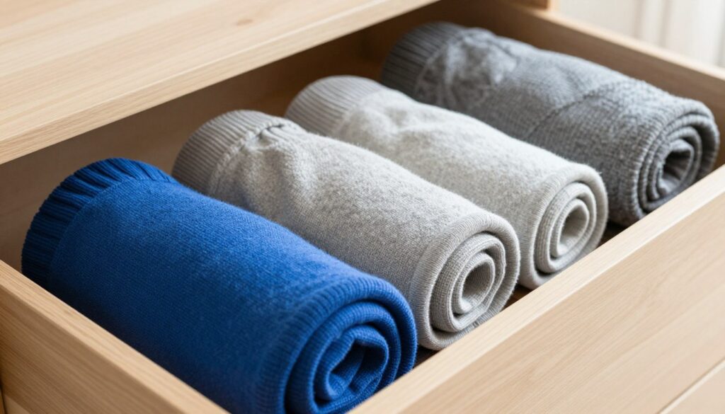 A neatly organized dresser drawer filled with rolled sweaters in various colors and textures, showcasing the space-saving method of folding. The foreground features a close-up of a vibrant blue and a soft gray sweater nestled together in the ruffled fabric, demonstrating perfect alignment. In the middle background, there are more elegantly rolled sweaters, each one neatly stacked for visibility and efficiency. The background consists of a light wooden dresser with gentle natural lighting filtering through a nearby window, creating a warm and inviting atmosphere. The scene conveys a sense of order and harmony, highlighting the beauty of functional organization in home décor.