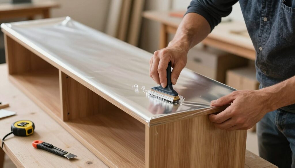 A professional craftsman in modest casual clothing, carefully applying decorative furniture foil to a wooden cabinet. In the foreground, the craftsman uses a smoothing tool to eliminate air bubbles, showcasing precise, deliberate movements. The middle ground features the partially wrapped cabinet, revealing contrasting textures of glossy and matte finishes on the foil. Surrounding elements include tools like a utility knife and a measuring tape, highlighting the step-by-step process of furniture wrapping. The background is softly lit, enhancing the focus on the craftsmanship, while a warm atmosphere suggests a cozy workshop environment. The image captures the essence of careful technique and the transformation from a plain surface to an aesthetically pleasing piece.