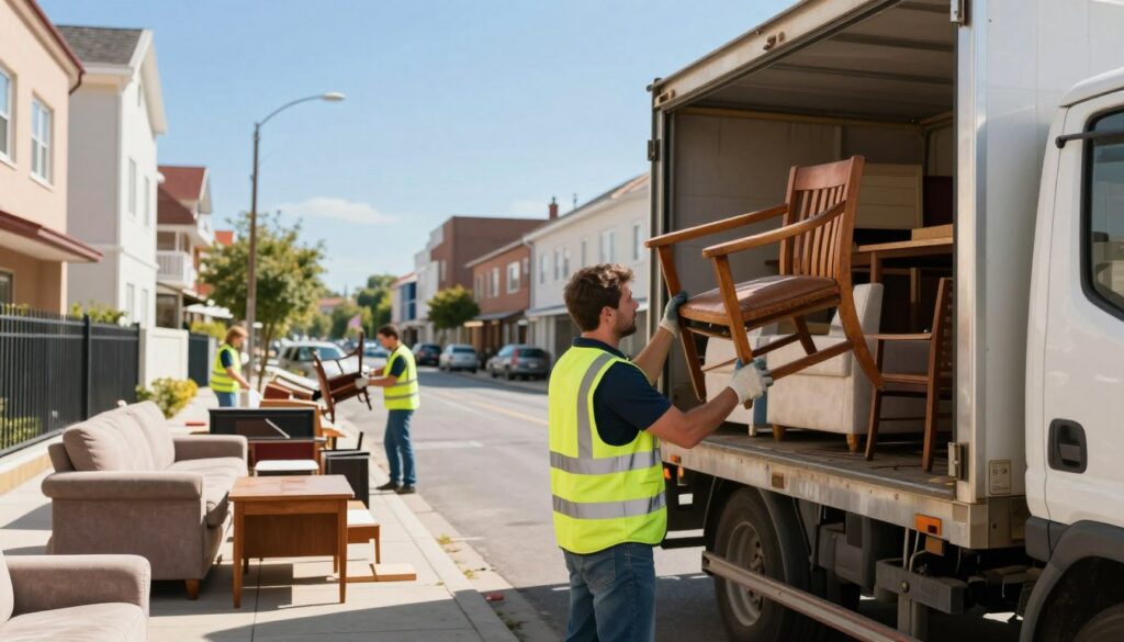 A professional waste management team efficiently loading old furniture into a large truck. In the foreground, a worker wearing a reflective vest and gloves gently lifts a wooden chair, showcasing the process of furniture collection. The middle ground features a well-organized city street lined with residential buildings, where discarded furniture items like sofas and tables are visibly set at the curb, ready for pick-up. The background captures a clear blue sky, emphasizing a bright, sunny day. Soft sunlight casts gentle shadows, creating a clean and inviting atmosphere. The image should convey a sense of responsibility and community service in waste management, with no people depicted inappropriately.
