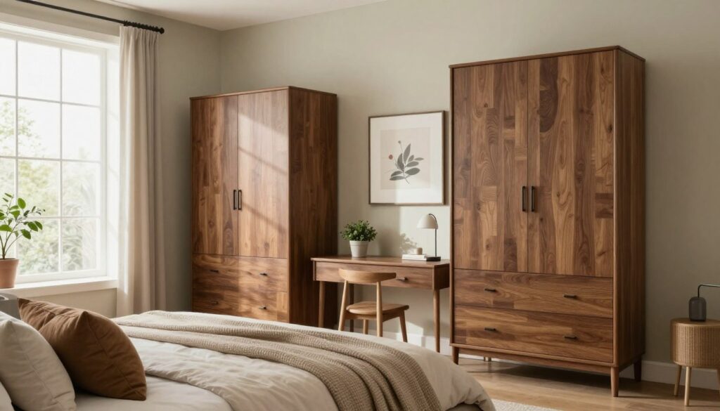 A serene bedroom featuring brown wooden furniture, complemented by soft, calming wall colors that evoke a sense of safety and tranquility. The walls are painted in warm, muted shades such as soft beige or light sage green. The room is softly lit by natural light streaming through a large window, casting gentle shadows that enhance the cozy atmosphere. A plush bed adorned with neutral-toned bedding and a few decorative pillows sits in the foreground. In the middle, a stylish bedside table holds a small potted plant and a minimalist lamp. The background features a spacious wardrobe and tasteful artwork that harmonizes with the color palette. The overall mood is peaceful and inviting, designed to promote relaxation and comfort in a modern living space. A serene bedroom featuring brown wooden furniture, complemented by soft, calming wall colors that evoke a sense of safety and tranquility. The walls are painted in warm, muted shades such as soft beige or light sage green. The room is softly lit by natural light streaming through a large window, casting gentle shadows that enhance the cozy atmosphere. A plush bed adorned with neutral-toned bedding and a few decorative pillows sits in the foreground. In the middle, a stylish bedside table holds a small potted plant and a minimalist lamp. The background features a spacious wardrobe and tasteful artwork that harmonizes with the color palette. The overall mood is peaceful and inviting, designed to promote relaxation and comfort in a modern living space.