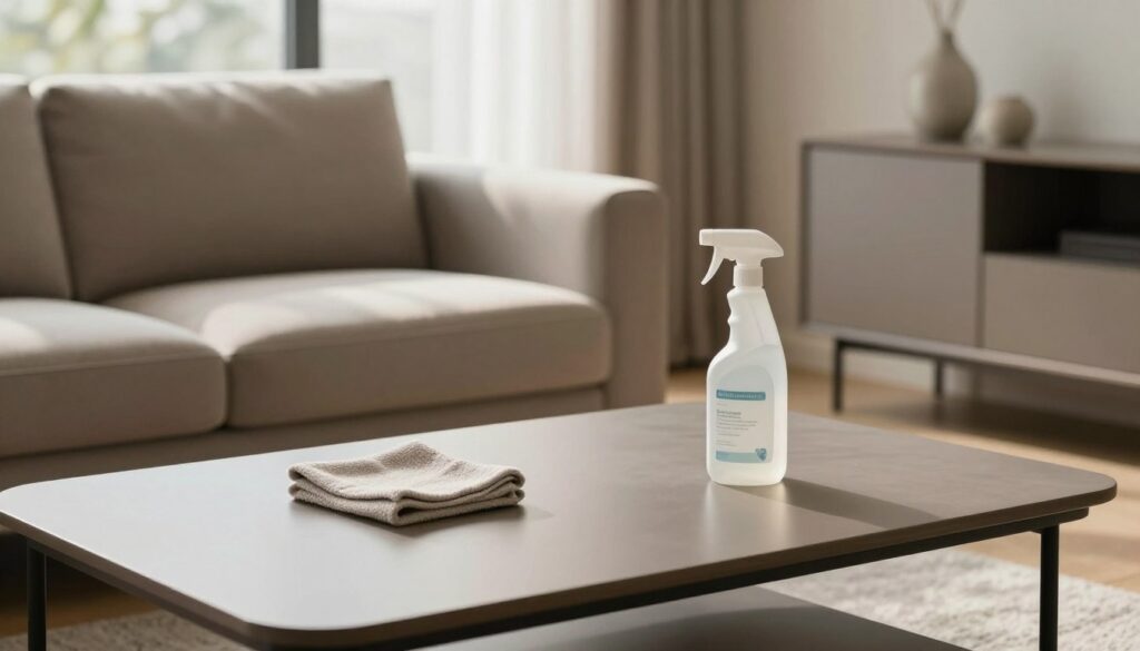 A serene living room featuring matte-finished furniture, including a sleek coffee table and a minimalist side cabinet, elegantly arranged. In the foreground, a soft, lint-free cloth rests on the table, alongside a bottle of gentle cleaner designed for matte surfaces, suggesting daily cleaning care. The middle space showcases a well-maintained sofa with soft lighting highlighting the matte textures, casting subtle shadows that enhance the visual depth. In the background, a large window allows natural light to flood in, creating a warm and inviting atmosphere. The overall color palette consists of muted earth tones, emphasizing tranquility and refinement. The composition captures the essence of maintaining matte furniture with care, evoking a sense of cleanliness and everyday elegance. A serene living room featuring matte-finished furniture, including a sleek coffee table and a minimalist side cabinet, elegantly arranged. In the foreground, a soft, lint-free cloth rests on the table, alongside a bottle of gentle cleaner designed for matte surfaces, suggesting daily cleaning care. The middle space showcases a well-maintained sofa with soft lighting highlighting the matte textures, casting subtle shadows that enhance the visual depth. In the background, a large window allows natural light to flood in, creating a warm and inviting atmosphere. The overall color palette consists of muted earth tones, emphasizing tranquility and refinement. The composition captures the essence of maintaining matte furniture with care, evoking a sense of cleanliness and everyday elegance.