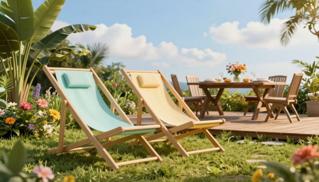 A serene outdoor scene featuring a pair of stylish garden loungers (leżaki ogrodowe) in soft, pastel colors, positioned on a wooden deck. In the foreground, the loungers are nestled on a lush green lawn, surrounded by tropical plants and colorful flowers, evoking a sense of tranquility and relaxation. The middle ground shows a rustic wooden table set for an outdoor meal, adorned with elegant dinnerware and fresh cut flowers, inviting a sense of community and dining. In the background, a clear blue sky with gentle white clouds enhances the cheerful atmosphere, illuminated by warm, late afternoon sunlight casting soft shadows. The overall mood is peaceful and inviting, perfect for leisurely summer days.