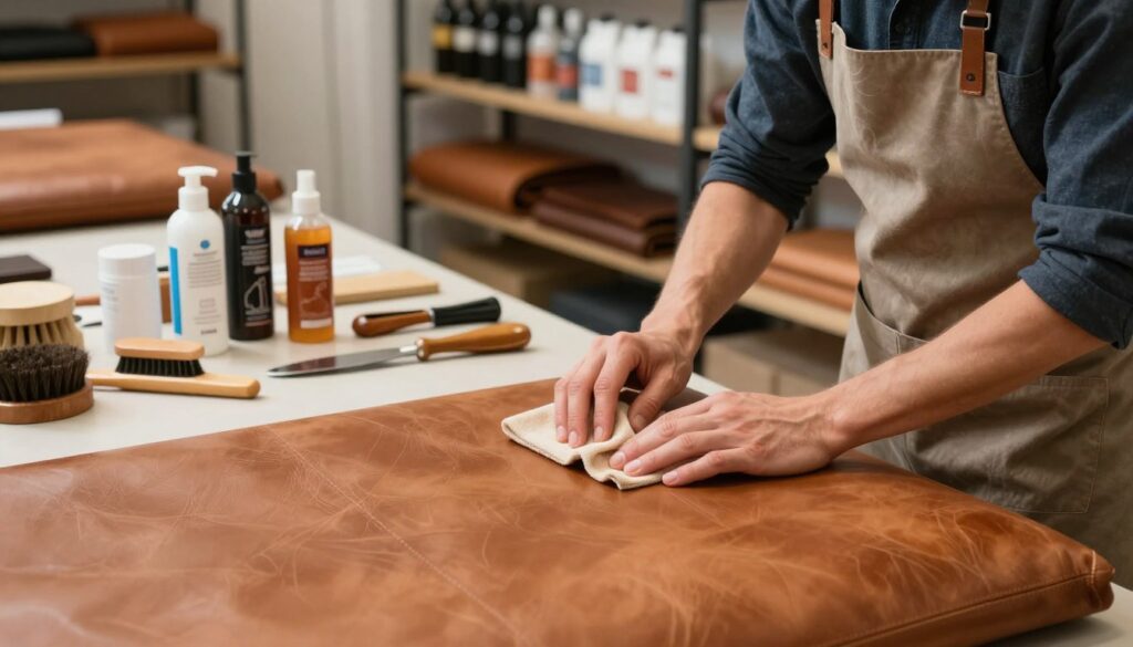 A skilled craftsman in a modern workshop, focused on the preparation of a leather sofa. In the foreground, the artisan gently cleans the leather surface with a soft cloth and a natural cleaner, wearing a modest apron and professional attire. The middle ground features various tools and supplies for leather care, such as brushes, cleaners, and conditioning creams neatly arranged on a workbench. The background shows shelves filled with leather conditioning products, creating an organized and inviting atmosphere. Soft, warm lighting highlights the textures of the leather and tools, enhancing the professionalism of the scene. The mood is calm and meticulous, reflecting the careful process of preparing furniture for treatment.