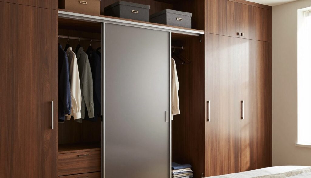 A sleek, modern wardrobe with elegant sliding doors, set in a cozy bedroom. The wardrobe features a rich wood finish, accentuated by minimalist metal handles. In the foreground, showcase one of the sliding doors slightly ajar, revealing neatly arranged shelves with stylish storage boxes and folded clothes. The middle of the image focuses on the smooth, seamless transition of the sliding door mechanism, highlighting its functionality. In the background, softly lit ambient light filters through a window, casting gentle shadows that create a warm and inviting atmosphere. The scene conveys a sense of organization and style, perfect for illustrating wardrobe door options. A sleek, modern wardrobe with elegant sliding doors, set in a cozy bedroom. The wardrobe features a rich wood finish, accentuated by minimalist metal handles. In the foreground, showcase one of the sliding doors slightly ajar, revealing neatly arranged shelves with stylish storage boxes and folded clothes. The middle of the image focuses on the smooth, seamless transition of the sliding door mechanism, highlighting its functionality. In the background, softly lit ambient light filters through a window, casting gentle shadows that create a warm and inviting atmosphere. The scene conveys a sense of organization and style, perfect for illustrating wardrobe door options.