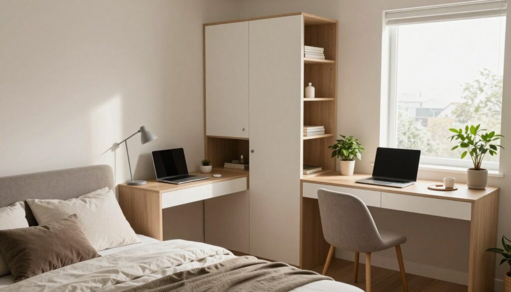 A small, stylish bedroom layout featuring a cozy bed, a compact desk, and smart storage solutions to maximize space without feeling cramped. The foreground showcases a neatly made bed with soft linens in neutral tones, and beside it, a modern desk with a sleek laptop and minimalist decor. In the middle, a stylish wardrobe with sliding doors provides efficient storage, while decorative plants add a touch of greenery. The background features a bright window, allowing natural light to illuminate the room, creating a warm and inviting atmosphere. The overall mood is serene and organized, emphasizing clever use of color and furniture placement to enhance the sense of space. The composition should be captured from a slightly elevated angle to showcase the room's layout effectively.
