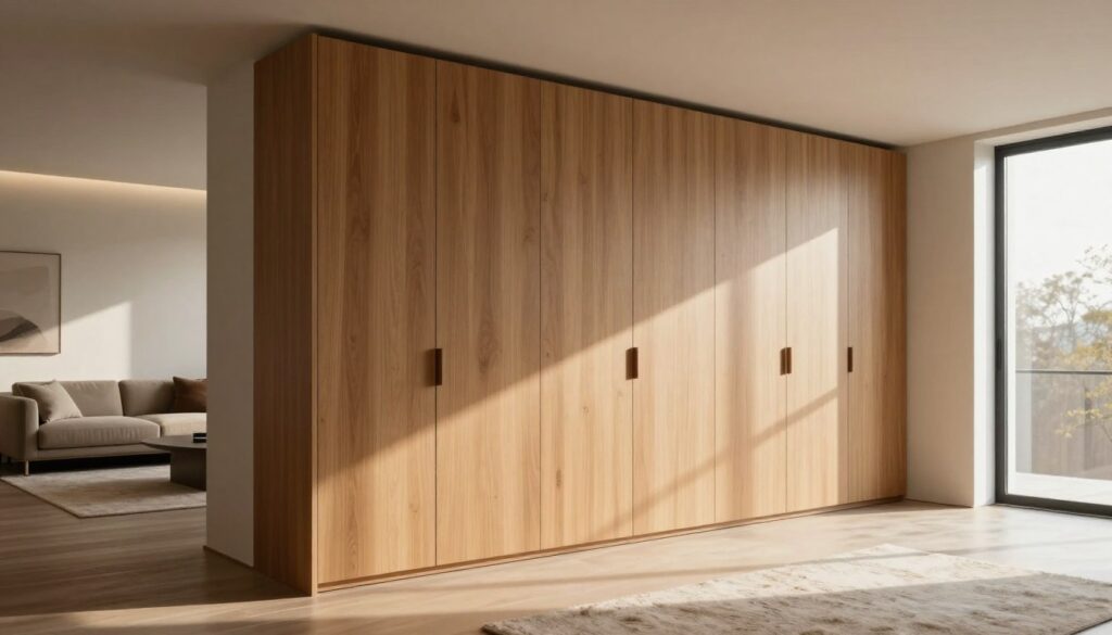 A spacious, modern interior showcasing a floor-to-ceiling closet that seamlessly integrates into the wall, creating a cohesive, stylish look in a small apartment. The closet features sleek wooden panels, with soft-close doors adorned with minimalistic handles. The background includes a softly lit living space with neutral-toned walls and a plush area rug, enhancing the cozy atmosphere. Sunlight filters through large windows, casting gentle shadows and illuminating the room with warm, inviting tones. The angle showcases the closet from a slightly elevated perspective to emphasize its height and design. The overall mood is contemporary and functional, ideal for maximizing space while maintaining a refined aesthetic.