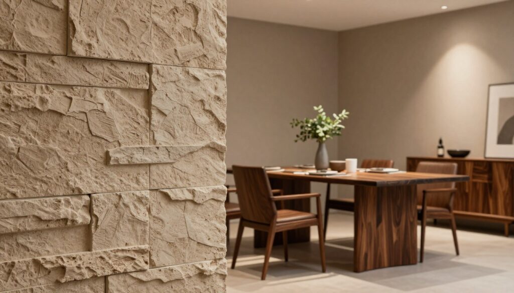 A stylish interior scene featuring textured walls in earthy tones, such as warm beige and muted taupe, set against rich wenge furniture. The foreground includes a close-up of a textured wall with elements resembling either exposed brick or natural stone, showcasing intricate patterns and a modern aesthetic. In the middle ground, a chic room displays a sleek wenge dining table with minimalist decor, adorned with subtle greenery and tasteful tableware. The background features soft ambient lighting, creating a warm, inviting atmosphere while highlighting the elegance of the wenge pieces. The overall mood is sophisticated yet cozy, inviting viewers to envision a refined living space that blends luxury with comfort. The composition is balanced and harmonious, emphasizing the interplay between wall textures and furniture.