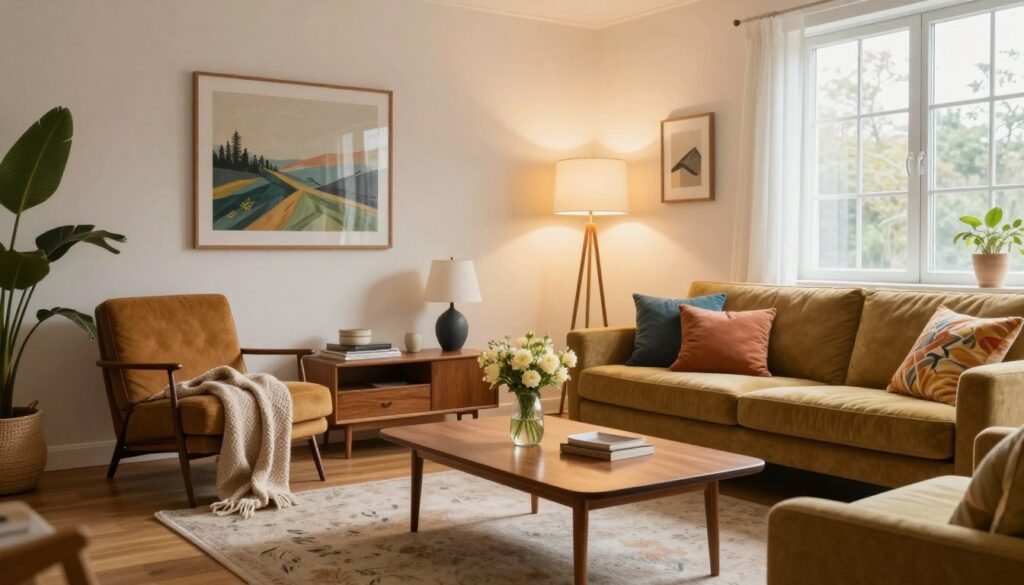A stylish living room featuring a mix of vintage furniture and modern lighting elements. In the foreground, a chic, mid-century coffee table adorned with a small vase of fresh flowers and a cozy throw blanket. The middle ground showcases elegant floor and table lamps with soft, warm light, illuminating the space and creating a welcoming atmosphere. The background includes tasteful wall decor and an inviting sofa with colorful cushions, complemented by a large window letting in natural light. Capture the essence of rejuvenation with a clean, airy ambiance, using a wide-angle lens to emphasize the open space and the interplay of light and shadows. The overall mood should be vibrant yet relaxing, showcasing how thoughtful lighting can refresh a traditional aesthetic.