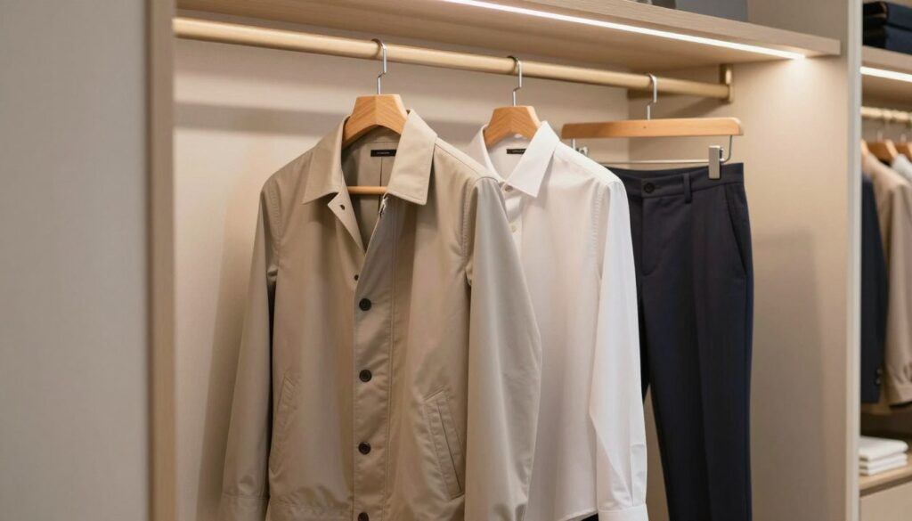 A stylish, minimalistic capsule wardrobe display featuring a modern jacket, tailored trousers, and a classic button-up shirt arranged neatly on a clean, well-lit wooden hanger in a chic room. The background showcases a softly lit, organized closet with neutral-colored walls and soft textures, adding a sense of calm and sophistication. The lighting is warm, enhancing the colors and textures of the clothing, creating a welcoming atmosphere. The angle should be slightly above eye level to capture the items clearly, focusing on the details of the fabrics and design. The overall mood is elegant and aspirational, ideal for conveying the concept of a refined and functional capsule wardrobe. A stylish, minimalistic capsule wardrobe display featuring a modern jacket, tailored trousers, and a classic button-up shirt arranged neatly on a clean, well-lit wooden hanger in a chic room. The background showcases a softly lit, organized closet with neutral-colored walls and soft textures, adding a sense of calm and sophistication. The lighting is warm, enhancing the colors and textures of the clothing, creating a welcoming atmosphere. The angle should be slightly above eye level to capture the items clearly, focusing on the details of the fabrics and design. The overall mood is elegant and aspirational, ideal for conveying the concept of a refined and functional capsule wardrobe.
