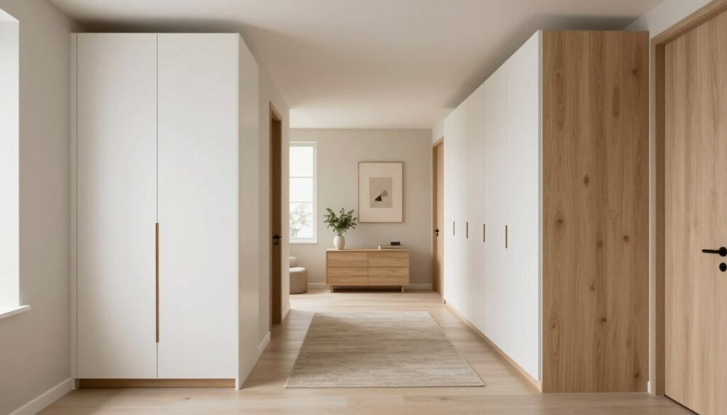 A stylish modern hallway featuring a wardrobe with light fronts in white, beige, and light wood tones. In the foreground, highlight a sleek, minimalist white wardrobe with soft edges and wooden accents. The middle ground should include a well-organized entryway with a neutral-toned rug and decorative elements like potted plants or subtle wall art. In the background, incorporate soft lighting from a nearby window, creating a warm and inviting atmosphere. The overall mood should reflect tranquility and elegance, showcasing how light colors can enhance space. Use a wide-angle lens for a spacious view, emphasizing the harmonious blend of light woods and soft neutral tones, avoiding any clutter.