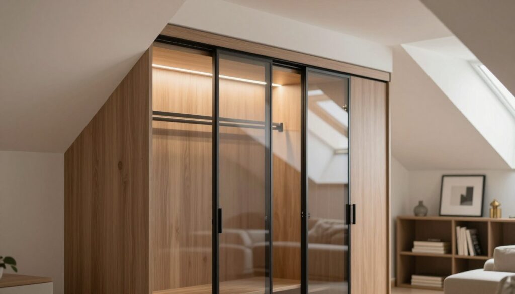 A stylish, modern room featuring a sleek sliding wardrobe with glass doors tucked under an angled attic ceiling. In the foreground, focus on the exquisite textures of the wardrobe, showcasing wood grain and elegant hardware. The middle ground displays soft ambient lighting that highlights the wardrobe’s reflective surfaces, creating a warm and inviting atmosphere. In the background, subtle hints of cozy decor, such as a neatly arranged bookshelf and framed artworks, add depth to the space. Utilize a soft focus lens effect to emphasize the wardrobe as the focal point, capturing the essence of clever design solutions for attic spaces. Aim for a minimalistic, organized aesthetic, reflecting a serene, well-planned living area. A stylish, modern room featuring a sleek sliding wardrobe with glass doors tucked under an angled attic ceiling. In the foreground, focus on the exquisite textures of the wardrobe, showcasing wood grain and elegant hardware. The middle ground displays soft ambient lighting that highlights the wardrobe’s reflective surfaces, creating a warm and inviting atmosphere. In the background, subtle hints of cozy decor, such as a neatly arranged bookshelf and framed artworks, add depth to the space. Utilize a soft focus lens effect to emphasize the wardrobe as the focal point, capturing the essence of clever design solutions for attic spaces. Aim for a minimalistic, organized aesthetic, reflecting a serene, well-planned living area.
