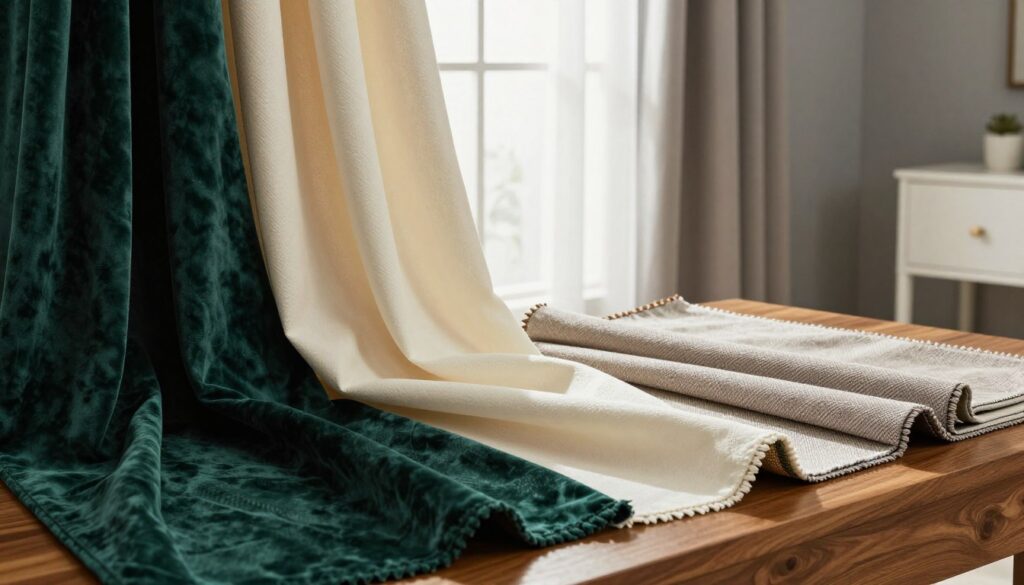 A tastefully arranged selection of premium curtain fabrics showcasing various textures and patterns, including luxurious silks, elegant velvets, and refined linen weaves. The foreground features exquisite fabric swatches in rich, complementary colors such as deep emerald, soft cream, and muted taupe, spread out on a polished wooden surface. In the middle ground, a beautifully styled window with sheer drapes filters soft, warm natural light, enhancing the textures and colors of the fabrics. The background reveals a stylish, minimalistic interior with gray walls and white furniture, evoking a sense of sophistication. The overall mood is inviting and elegant, epitomizing a harmonious blend of luxury and comfort. The composition is captured from a slightly elevated angle to showcase the details of the fabrics effectively. A tastefully arranged selection of premium curtain fabrics showcasing various textures and patterns, including luxurious silks, elegant velvets, and refined linen weaves. The foreground features exquisite fabric swatches in rich, complementary colors such as deep emerald, soft cream, and muted taupe, spread out on a polished wooden surface. In the middle ground, a beautifully styled window with sheer drapes filters soft, warm natural light, enhancing the textures and colors of the fabrics. The background reveals a stylish, minimalistic interior with gray walls and white furniture, evoking a sense of sophistication. The overall mood is inviting and elegant, epitomizing a harmonious blend of luxury and comfort. The composition is captured from a slightly elevated angle to showcase the details of the fabrics effectively.