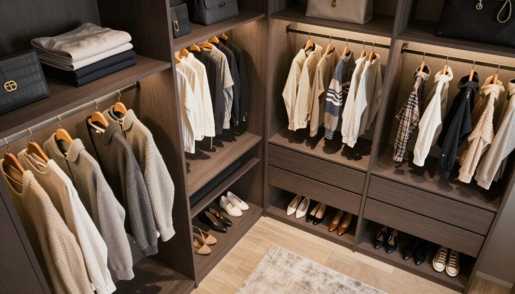 A thoughtfully designed wardrobe interior showcasing optimal space utilization and depth planning. In the foreground, a stylish wardrobe filled with neatly arranged clothes on hangers, crisp folded sweaters, and organized shelves featuring shoes and accessories. The middle ground shows a spacious layout with adjustable shelving, hanging rods, and drawers, emphasizing the versatility of design for various garment types. The background features a soft, ambient light illuminating the wardrobe, casting gentle shadows that enhance the structure's depth. The mood is modern and inviting, with a sleek aesthetic that combines functionality and elegance. Optimize the composition with a slight overhead angle to capture the full interior layout, revealing the effective use of space and showcasing a harmonious blend of storage solutions. A thoughtfully designed wardrobe interior showcasing optimal space utilization and depth planning. In the foreground, a stylish wardrobe filled with neatly arranged clothes on hangers, crisp folded sweaters, and organized shelves featuring shoes and accessories. The middle ground shows a spacious layout with adjustable shelving, hanging rods, and drawers, emphasizing the versatility of design for various garment types. The background features a soft, ambient light illuminating the wardrobe, casting gentle shadows that enhance the structure's depth. The mood is modern and inviting, with a sleek aesthetic that combines functionality and elegance. Optimize the composition with a slight overhead angle to capture the full interior layout, revealing the effective use of space and showcasing a harmonious blend of storage solutions.