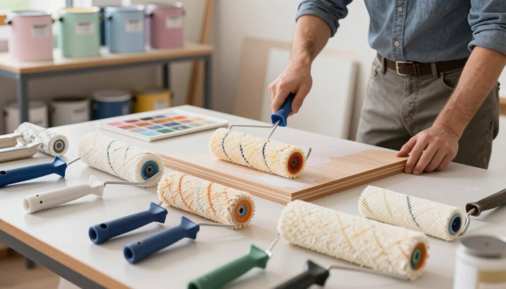 A visually engaging image illustrating the selection of paint rollers for furniture, focusing on various types of rollers arranged on a workbench. In the foreground, showcase different roller textures and sizes, emphasizing those suitable for achieving a smooth finish without "orange peel." In the middle, depict an artisan carefully testing a roller on a wooden furniture piece, dressed in smart casual attire, demonstrating the process. The background features an organized paint station with cans of paint in soft pastel colors to reflect the variety of finishes available. The lighting is bright and inviting, highlighting the textures, with a warm atmosphere that suggests creativity in a workshop setting. The angle captures the action of the artisan, drawing viewers into the practicalities of paint selection. A visually engaging image illustrating the selection of paint rollers for furniture, focusing on various types of rollers arranged on a workbench. In the foreground, showcase different roller textures and sizes, emphasizing those suitable for achieving a smooth finish without "orange peel." In the middle, depict an artisan carefully testing a roller on a wooden furniture piece, dressed in smart casual attire, demonstrating the process. The background features an organized paint station with cans of paint in soft pastel colors to reflect the variety of finishes available. The lighting is bright and inviting, highlighting the textures, with a warm atmosphere that suggests creativity in a workshop setting. The angle captures the action of the artisan, drawing viewers into the practicalities of paint selection.