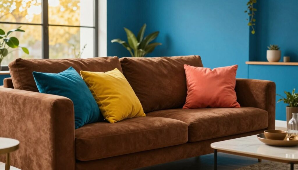 A visually striking interior scene featuring bold wall colors that contrast beautifully with rich brown furniture. In the foreground, a stylish, modern brown sofa with decorative cushions in vibrant hues such as deep turquoise, bright yellow, and vivid coral. The middle ground showcases a wall painted in a striking cerulean blue, enhancing the warm tones of the sofa. Soft golden lighting filters through large windows, creating a warm, inviting atmosphere. A sleek coffee table with a minimalist design sits beside the sofa, adorned with decorative accents that echo the wall colors. In the background, plants add a touch of greenery, complementing the color palette. Capture the mood of freshness and vibrancy, emphasizing the effect of bold colors in a cozy living space. A visually striking interior scene featuring bold wall colors that contrast beautifully with rich brown furniture. In the foreground, a stylish, modern brown sofa with decorative cushions in vibrant hues such as deep turquoise, bright yellow, and vivid coral. The middle ground showcases a wall painted in a striking cerulean blue, enhancing the warm tones of the sofa. Soft golden lighting filters through large windows, creating a warm, inviting atmosphere. A sleek coffee table with a minimalist design sits beside the sofa, adorned with decorative accents that echo the wall colors. In the background, plants add a touch of greenery, complementing the color palette. Capture the mood of freshness and vibrancy, emphasizing the effect of bold colors in a cozy living space.