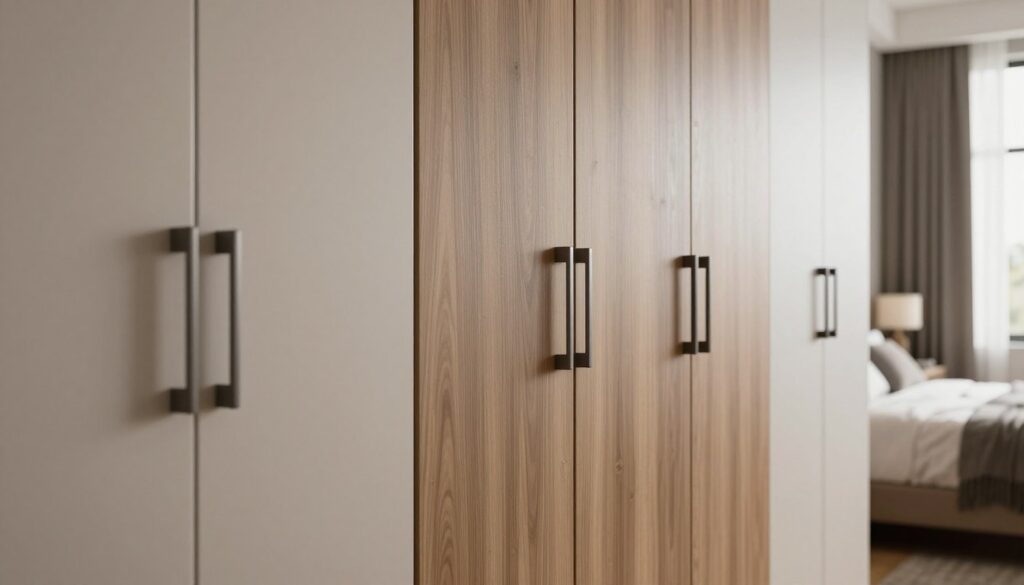A well-designed, multi-door wardrobe showcasing the placement of handles for optimal aesthetics and ergonomics. In the foreground, focus on sleek, modern cabinet handles positioned symmetrically on the wardrobe doors, emphasizing clean lines and visual balance. The middle ground features an elegantly crafted wardrobe with a contemporary finish, highlighting the interplay between the handles and the wood grain or painted surfaces. In the background, a softly blurred stylish bedroom setting exudes warmth, with natural light filtering in through a window, enhancing the wardrobe's design. The overall mood is sophisticated and inviting, promoting a sense of harmony and tidiness in the space. Capture the scene with a wide-angle shot to encompass the full expanse of the wardrobe, ensuring ample detail in the craftsmanship and handle placement.