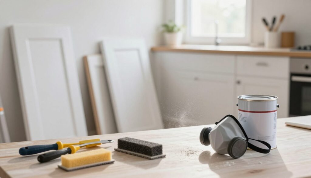 A well-lit kitchen workspace showcasing the meticulous preparation of kitchen surfaces for painting. In the foreground, a close-up of neatly arranged sanding tools, a dust mask, and a can of primer, with fine dust particles catching the light. The middle ground features a set of freshly stripped kitchen cabinet doors, smooth and ready for staining, propped against a crisp white wall. In the background, a sunny window filters through soft, natural light, enhancing the inviting atmosphere. The overall mood is focused and industrious, illustrating the step-by-step process of surface preparation, ensuring durability for paint application. The scene emphasizes cleanliness and attention to detail, ideal for a DIY renovation theme.