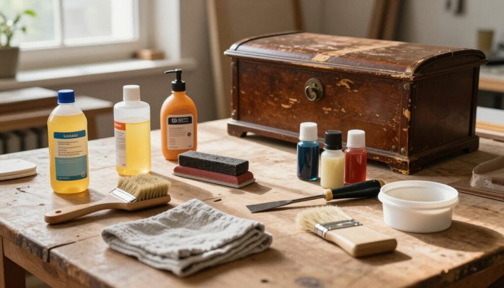 A well-lit workshop scene featuring an assortment of furniture restoration materials spread out on a rustic wooden table. In the foreground, there are various cleaning supplies like brushes, cloths, and containers of wood cleaner. Midway, tools such as a sander, a chisel, and a paintbrush are arranged, along with wood stains and varnishes in appealing hues. A partially restored piece of antique furniture, such as a chair or a chest, is placed prominently in the background, showing visible wear and tear. Natural light filters in through a window, casting soft shadows and creating a warm, inviting atmosphere, while the overall mood reflects a sense of creativity and craftsmanship. The angle captures both the materials and the furniture, emphasizing the meticulous process of furniture restoration.