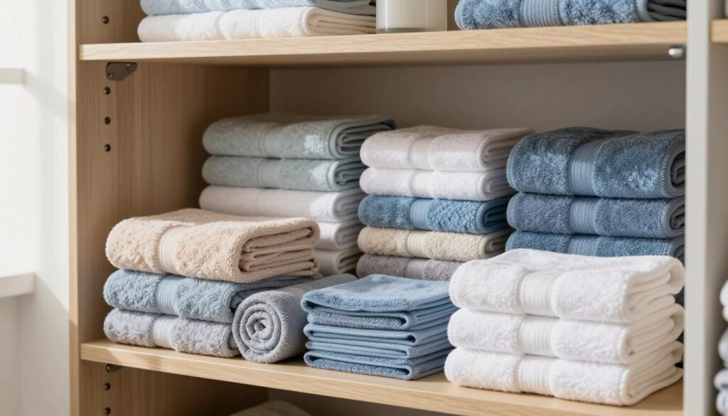 A well-organized and aesthetically pleasing closet shelf filled with neatly folded towels in various colors, showcasing three distinct folding techniques. In the foreground, focus on a stack of perfectly folded bath towels, rolled into tight spirals to maximize space, next to smaller hand towels folded in neat rectangular shapes. In the middle ground, a variety of bath sheets are organized vertically, creating a visually appealing display. The background features shelves with a light wood finish, providing a clean and serene atmosphere. Soft, natural lighting filters in from a nearby window, casting gentle shadows and highlighting the textures of the towels. The overall mood is calm and orderly, ideal for illustrating effective space-saving techniques for towel storage.