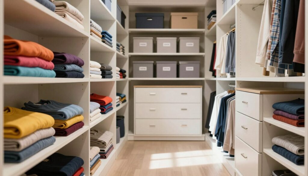 A well-organized closet featuring neatly arranged shelves and drawers, showcasing a system that eliminates chaos. In the foreground, brightly colored folded clothes stacked orderly on open shelves, highlighting the neatness. In the middle distance, various storage boxes labeled clearly, providing easy access to items. The background features a tidy, inviting closet space with soft, natural lighting streaming through a nearby window, casting gentle shadows. The atmosphere is calm and serene, promoting a sense of order and efficiency. Focus on a wide-angle view that captures the entire space, emphasizing the system of organization. Ensure that everything appears clean and modern, adding to the overall aesthetic of tidiness and elegance. A well-organized closet featuring neatly arranged shelves and drawers, showcasing a system that eliminates chaos. In the foreground, brightly colored folded clothes stacked orderly on open shelves, highlighting the neatness. In the middle distance, various storage boxes labeled clearly, providing easy access to items. The background features a tidy, inviting closet space with soft, natural lighting streaming through a nearby window, casting gentle shadows. The atmosphere is calm and serene, promoting a sense of order and efficiency. Focus on a wide-angle view that captures the entire space, emphasizing the system of organization. Ensure that everything appears clean and modern, adding to the overall aesthetic of tidiness and elegance.