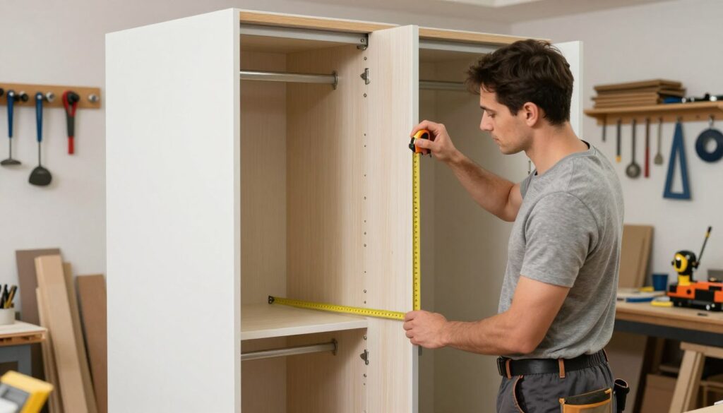 A well-organized, professional workspace depicting a craftsman measuring sliding wardrobe doors, highlighting various measurement tools like a measuring tape, a carpenter's square, and a laser distance measurer. The foreground features the craftsman in modest casual clothing, focused on taking precise measurements. In the middle, the wardrobe door structure is partially open, revealing its interior and the mechanism for sliding. The background shows a well-lit workshop with tools hanging on the wall and wood materials stacked neatly, creating a sense of order. The atmosphere conveys diligence and professionalism, with soft, natural lighting illuminating the workspace. The image should evoke a sense of practical expertise in avoiding common measurement pitfalls.