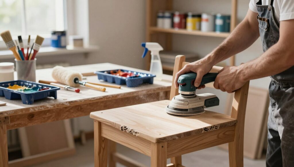 A well-organized workshop scene focused on preparing furniture for painting. In the foreground, a wooden chair with rough edges is being sanded by a person in professional attire, using an orbital sander. The middle ground features an assortment of painting tools: brushes, rollers, paint trays, and a paint sprayer, all neatly arranged on a workbench. In the background, shelves hold cans of primer and paint, and soft, diffused natural light streams through a nearby window, illuminating dust particles in the air, creating a serene and focused atmosphere. The scene conveys a sense of meticulous preparation and craftsmanship, emphasizing the importance of surface preparation in achieving a smooth finish.