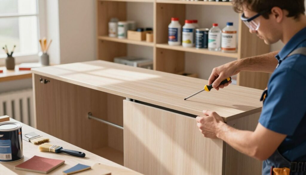 A well-organized workshop setting, focusing on the preparation of a sliding wardrobe surface. In the foreground, a person dressed in professional work attire is carefully removing the doors of the wardrobe, using a screwdriver and wearing safety goggles. The middle ground features the wardrobe with partially removed doors, showcasing its texture and structure, with paint cans and tools like sandpaper and a small brush on a workbench nearby. The background is filled with well-lit shelves holding various painting supplies and woodworking tools, creating an atmosphere of productivity and craftsmanship. Soft, natural daylight filters through a nearby window, casting warm shadows, enhancing the focus on the preparation process. A well-organized workshop setting, focusing on the preparation of a sliding wardrobe surface. In the foreground, a person dressed in professional work attire is carefully removing the doors of the wardrobe, using a screwdriver and wearing safety goggles. The middle ground features the wardrobe with partially removed doors, showcasing its texture and structure, with paint cans and tools like sandpaper and a small brush on a workbench nearby. The background is filled with well-lit shelves holding various painting supplies and woodworking tools, creating an atmosphere of productivity and craftsmanship. Soft, natural daylight filters through a nearby window, casting warm shadows, enhancing the focus on the preparation process.