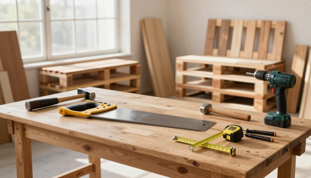 A well-organized workspace dedicated to DIY furniture making. In the foreground, a sturdy wooden workbench displays essential tools: a manual saw, hammer, drill, measuring tape, and a set of wood clamps. The middle ground features an assortment of polished wooden pallets, neatly arranged, showcasing their textures and colors. In the background, bright daylight streams through a large window, casting soft shadows across the scene, highlighting the warm tones of the wood. The atmosphere is inviting and creative, encouraging exploration and craftsmanship. The overall mood conveys a sense of enthusiasm for woodworking, ideal for beginners looking to build furniture from pallets.