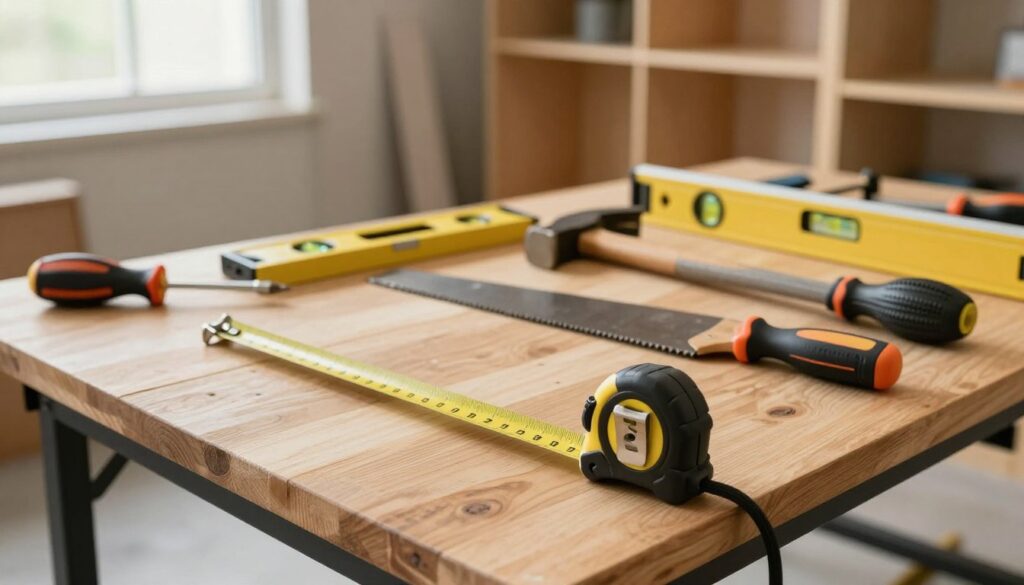A well-organized workspace featuring a variety of essential tools for building a fitted wardrobe, with a focus on hand tools like a tape measure, level, hammer, saw, and screwdrivers, arranged neatly on a wooden workbench. In the foreground, a detailed close-up of a measuring tape stretched against a plank, emphasizing precision. The middle ground shows the workbench surrounded by tools and a partially assembled wardrobe structure. The background includes a well-lit garage setting with light streaming through a window, creating an inviting and focused atmosphere. Use soft, natural lighting to enhance the craftsmanship mood, capturing a professional yet approachable feel, ideal for DIY enthusiasts.