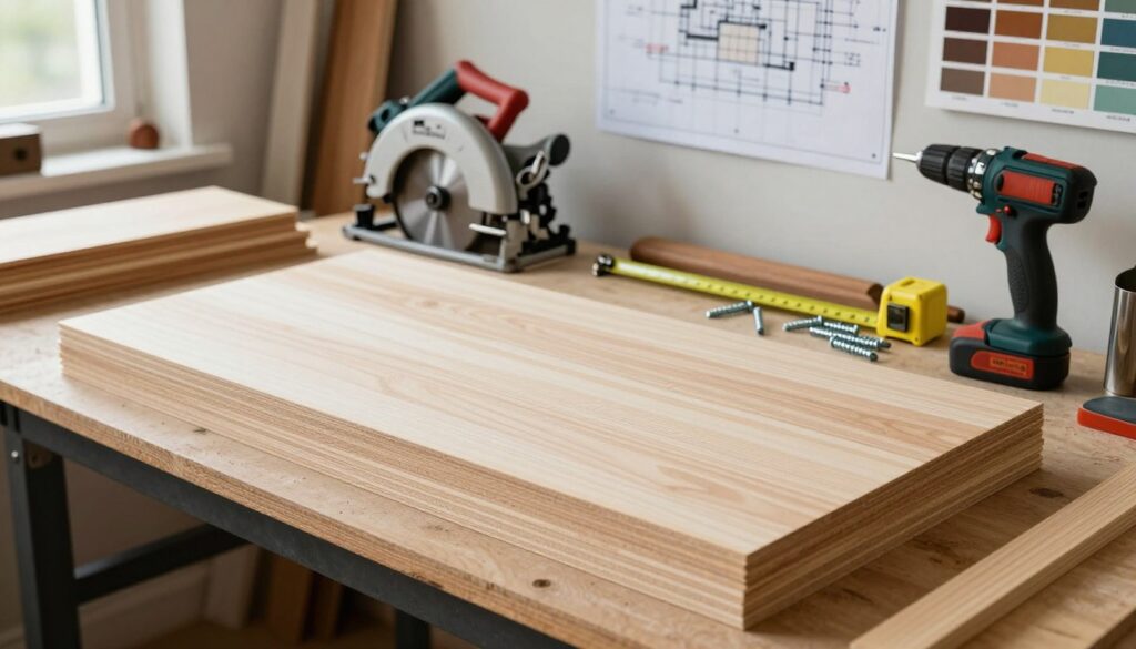 A well-organized workspace featuring an array of materials for building a wardrobe crafted from plywood or wood. In the foreground, neatly stacked sheets of plywood and planks of solid wood, showcasing their textures and grains. The middle ground includes essential tools like a circular saw, measuring tape, screws, and a power drill, all arranged on a workbench. In the background, a wall with blueprints and a color palette of wood finishes. Soft, natural lighting streams in from a nearby window, creating a warm and inviting atmosphere. The angle is slightly overhead, capturing the workspace's organized chaos. The scene conveys a sense of creativity and readiness for a DIY project.