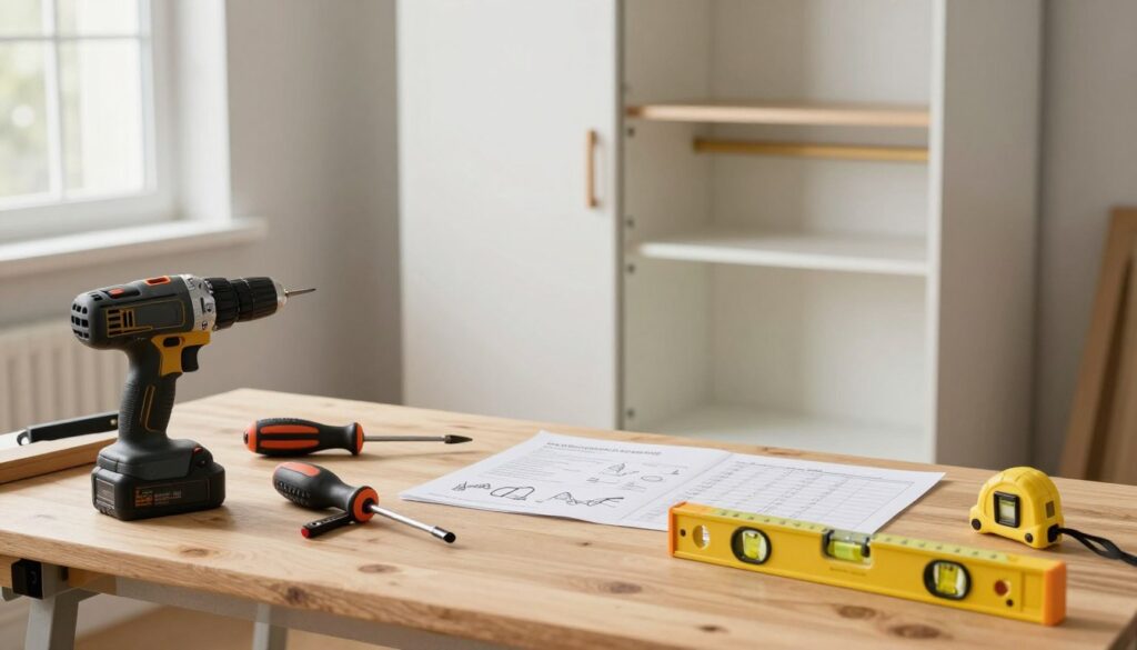 A well-organized workspace filled with various assembly tools and accessories for furniture assembly. In the foreground, a neatly arranged set of tools including a cordless drill, screwdriver set, measuring tape, and a level, all placed on a wooden workbench. In the middle, a partially assembled sliding wardrobe with clear instructions and checklist nearby, showing the assembly steps vividly. The background features a well-lit room with soft natural light filtering through a window, highlighting the clean and professional atmosphere. The scene embodies a sense of preparation and efficiency, perfect for inspiring DIY enthusiasts. The composition should focus on clarity, with an inviting and motivational mood, showcasing the essential tools for quick assembly.