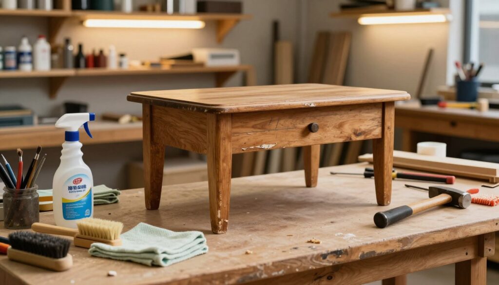 A wooden piece of furniture, like a vintage side table, sits on a workbench in a well-lit workshop. The foreground features cleaning supplies, such as brushes, cloths, and a bottle of wood cleaner, meticulously arranged. In the middle, the table shows signs of wear—scratches and faded veneer—with tools like a screwdriver and a hammer nearby for demounting. The background reveals wooden shelves filled with various restoration materials and tools, softly lit by warm overhead lights. The atmosphere is focused and industrious, showcasing a workspace ready for careful restoration. The scene conveys a sense of dedication to preserving vintage craftsmanship, emphasizing cleanliness and safety practices in the preparation stage. A wooden piece of furniture, like a vintage side table, sits on a workbench in a well-lit workshop. The foreground features cleaning supplies, such as brushes, cloths, and a bottle of wood cleaner, meticulously arranged. In the middle, the table shows signs of wear—scratches and faded veneer—with tools like a screwdriver and a hammer nearby for demounting. The background reveals wooden shelves filled with various restoration materials and tools, softly lit by warm overhead lights. The atmosphere is focused and industrious, showcasing a workspace ready for careful restoration. The scene conveys a sense of dedication to preserving vintage craftsmanship, emphasizing cleanliness and safety practices in the preparation stage.
