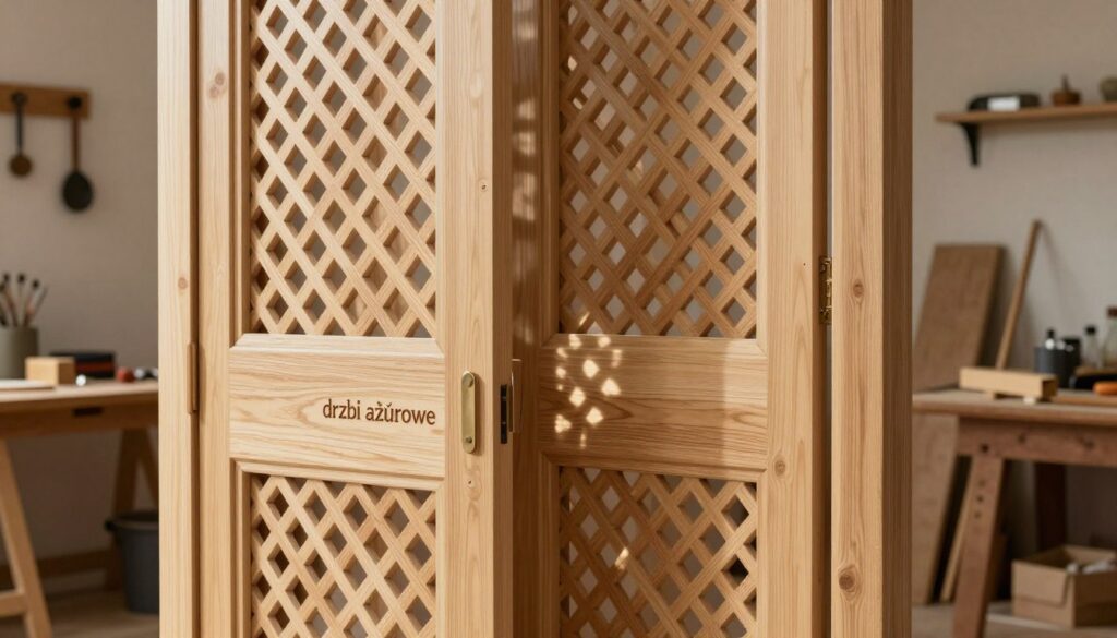 Design an image of an intricately crafted "drzwi ażurowe" (lattice doors) made from light, natural wood with a prominent decorative pattern. In the foreground, showcase the elegant details of the door's frame, including the fine latticework that allows for ventilation while maintaining an airy aesthetic. The middle-ground should feature the doors slightly ajar, revealing hints of the interior structure, suggesting a functional and stylish storage solution. In the background, include a softly lit workshop atmosphere with wooden tools and materials scattered around, enhancing the sense of craftsmanship. Use warm, natural lighting to evoke a cozy and inviting mood, while maintaining a focus on the texture of the wood and the interplay of light and shadow. Capture the essence of a loft-inspired design with a minimalist yet functional vibe.