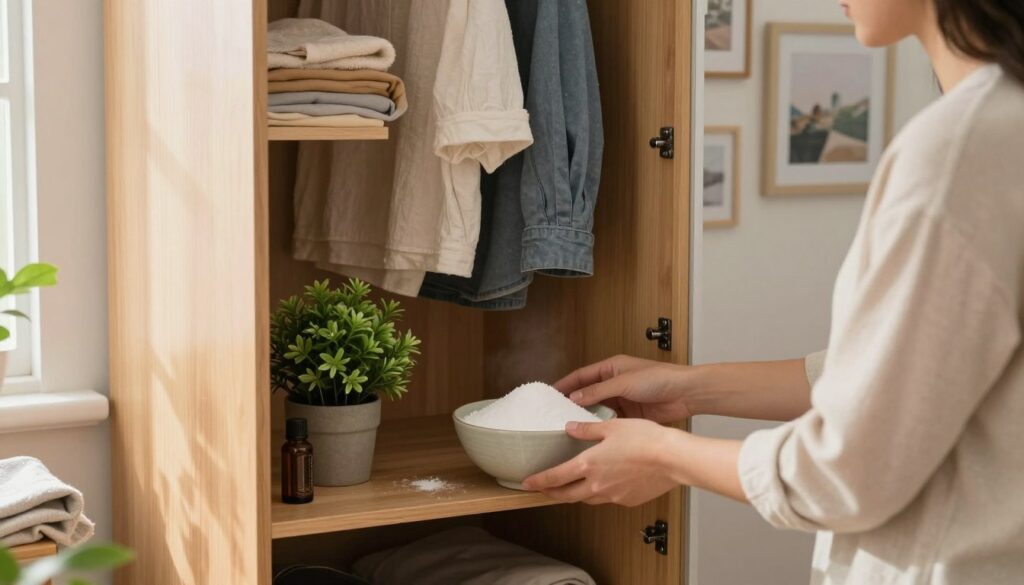 In a cozy, softly lit room, an open wooden wardrobe filled with neatly arranged clothes and accessories sits in the center. The focus is on a person wearing modest casual clothing, gently placing a bowl of baking soda and a small potted plant inside the wardrobe to absorb odors. To the left, a bottle of essential oil and a piece of fabric are visible, illustrating natural methods for combating musty smells. Natural light illuminates the space, creating a warm and inviting atmosphere. The background features a wall adorned with framed pictures and a hint of greenery from a nearby window, enhancing the sense of freshness and cleanliness. The overall mood is peaceful and hopeful, suggesting a quick solution to eliminate unpleasant smells.