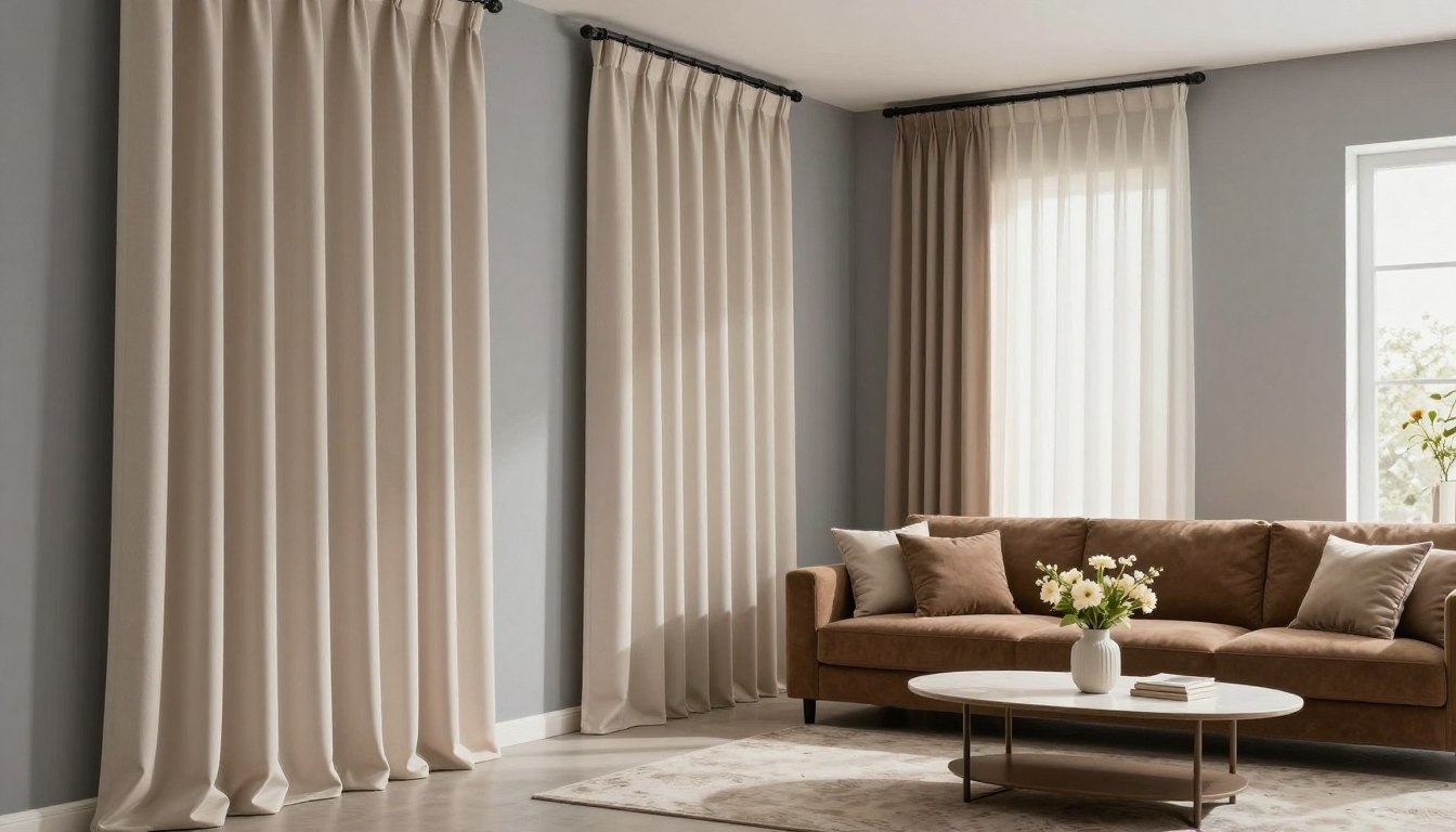 Jakie zasłony do szarych ścian i brązowych mebli