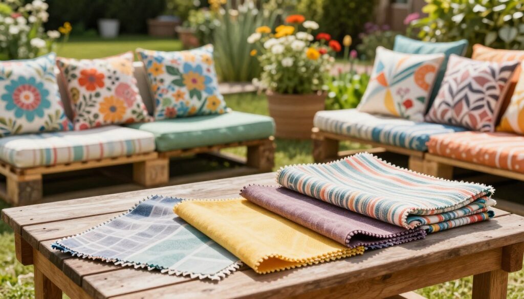 Vibrant outdoor scene featuring a selection of durable fabrics suitable for garden cushions, showcasing swatches in various colors and patterns like floral, striped, and geometric designs. In the foreground, a wooden table displays these fabric samples under warm sunlight, highlighting their textures and resistance to fading. The middle ground features inviting outdoor furniture made from pallets, adorned with completed cushions that emphasize comfort and style. The background reveals a sunny garden with lush greenery and blooming flowers, creating a serene atmosphere. The overall mood is cheerful and summery, with soft natural lighting enhancing the colors of the fabrics and the beauty of the garden setting.